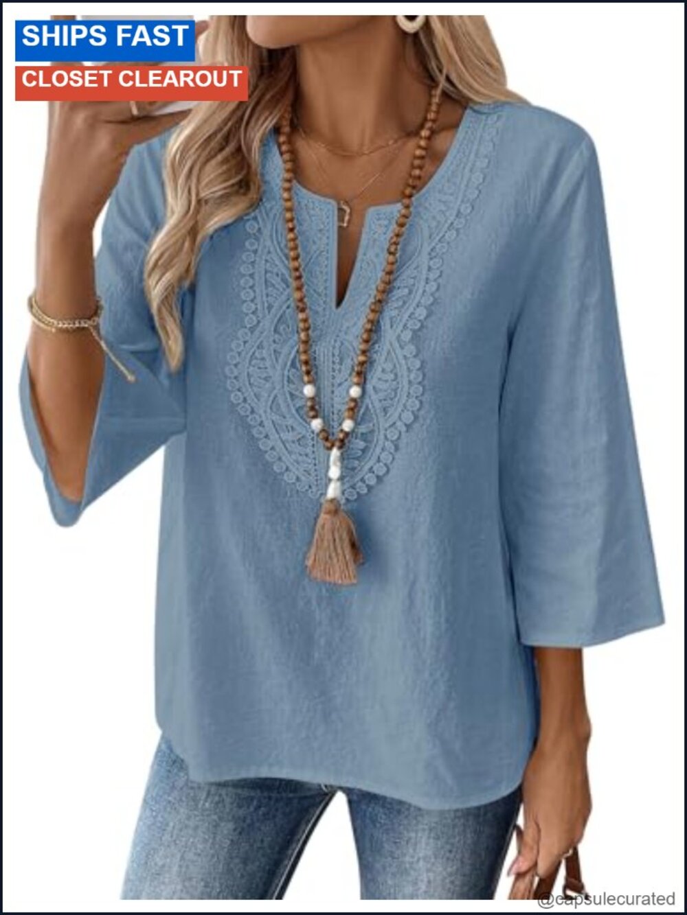 Women's 3/4 Sleeve Cotton Linen Top Tunic V-Neck Blouse